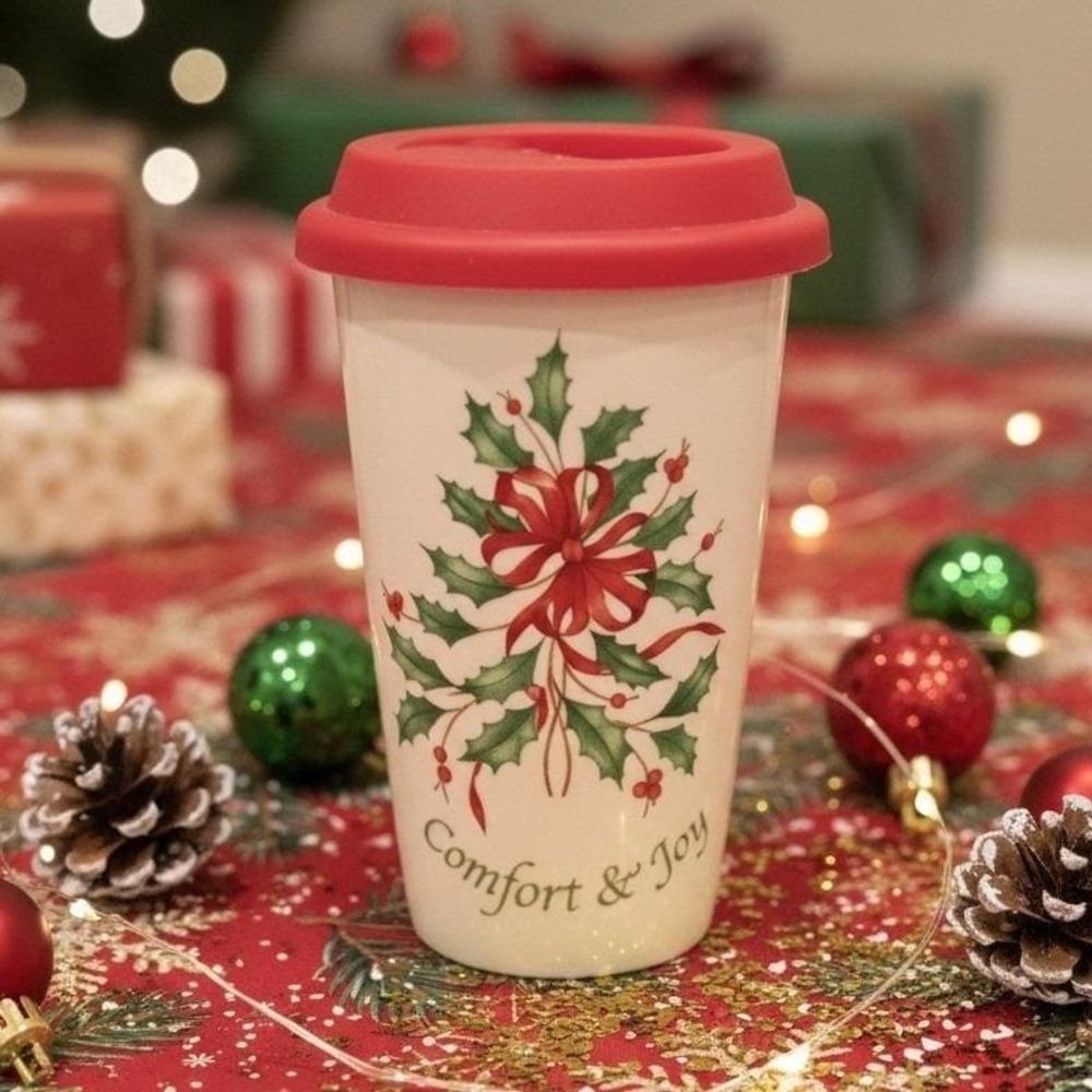Lenox Holiday Porcelain Travel Tumbler, Vintage Holly & Bow Design Christmas Mug